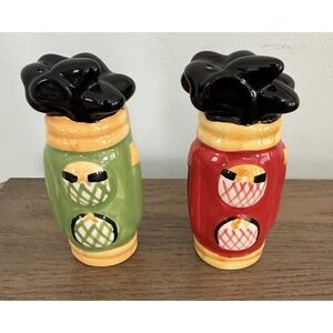 Vintage Golf Bag Salt Pepper Shakers Club Head Lids Plaid Ceramic Set EUC